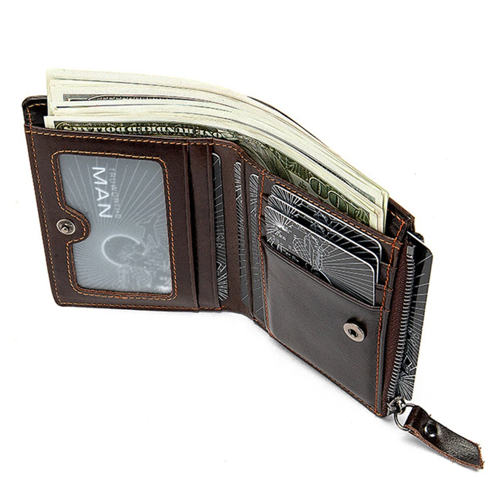 (image for) Ekphero Genuine Leather Mens Wallet Man Zipper Short Small Coin Purse Male Rfid Anti-theft Swipe Card Purse Multicard Slot ID Credit Holder